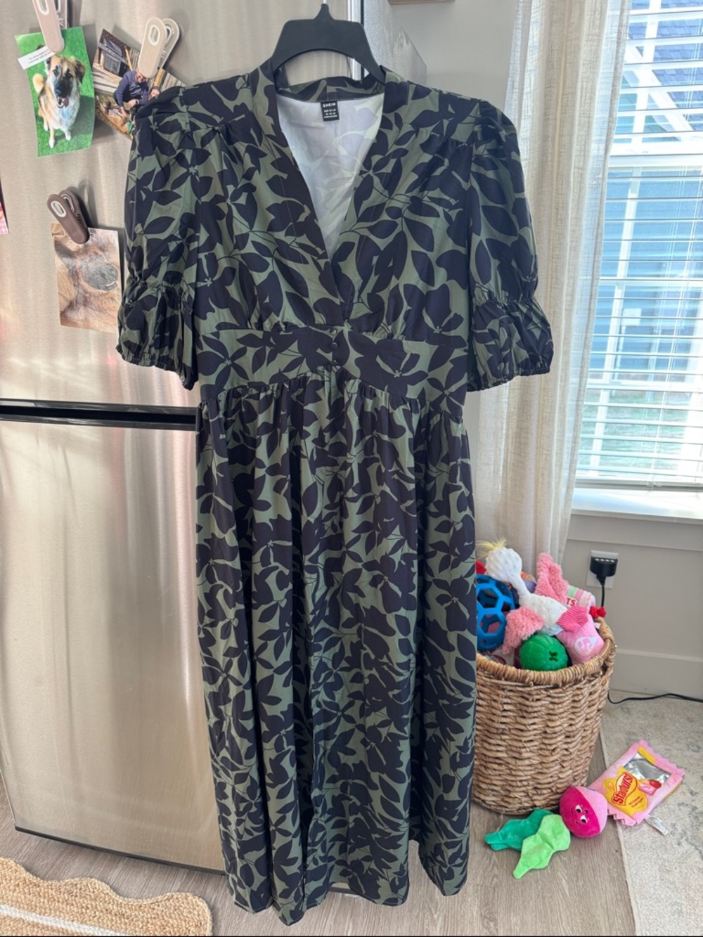 Olive Green and Black Leaf-Print Maxi Dress